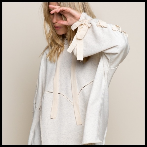 POL “Urban Chic” French Terry Hoodie Top Criss Cross Laces Down Sleeves Raw Hem - Picture 15 of 16